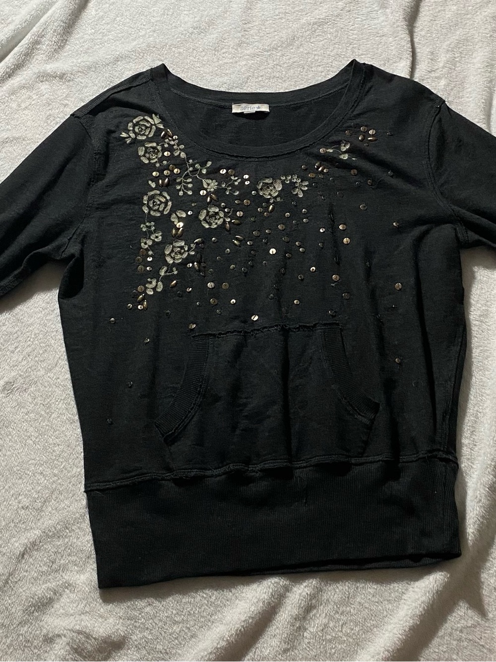 Aerie Black Embellished Long Sleeve Top